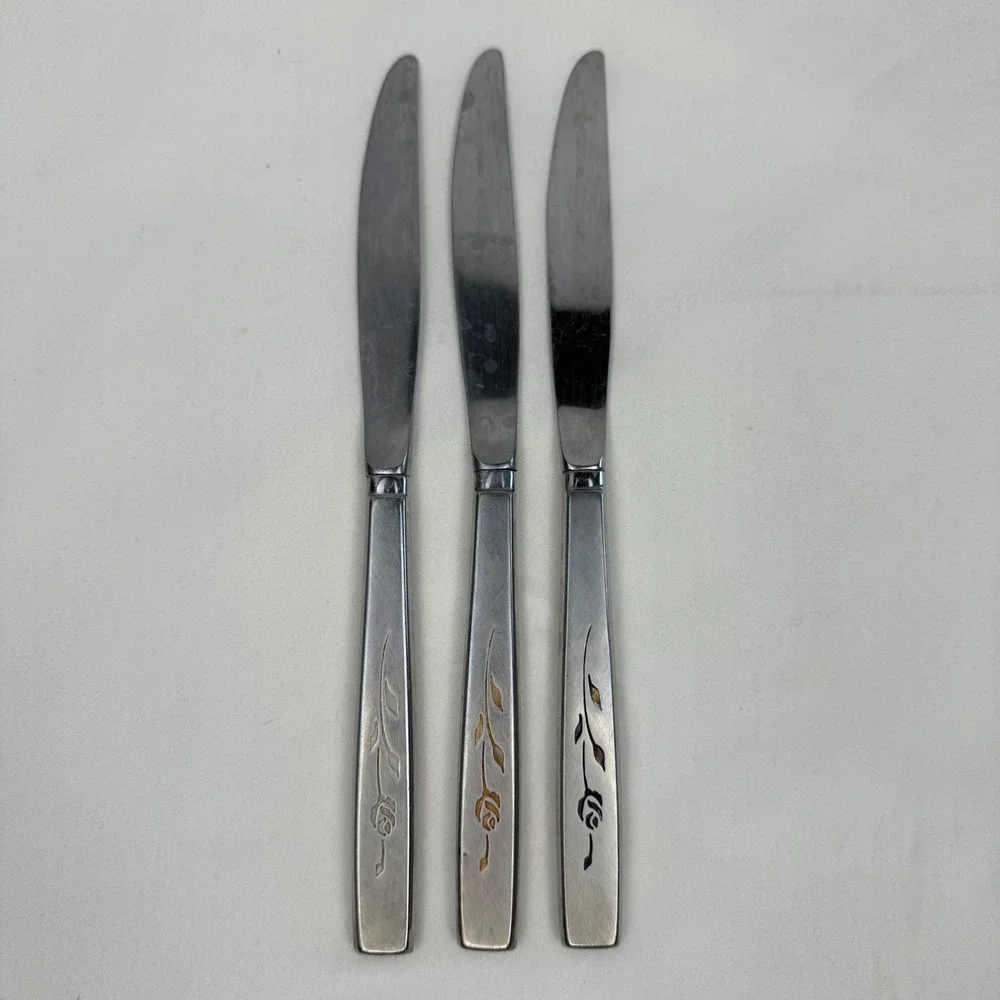 Vintage Stainless Steel Rose Floral Dinner Knives Set of 3 Silverware Flatware
